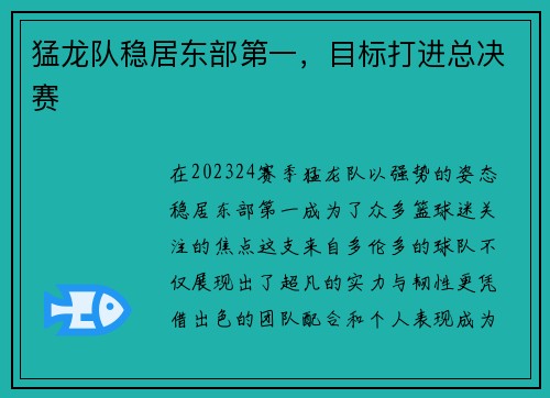 猛龙队稳居东部第一，目标打进总决赛